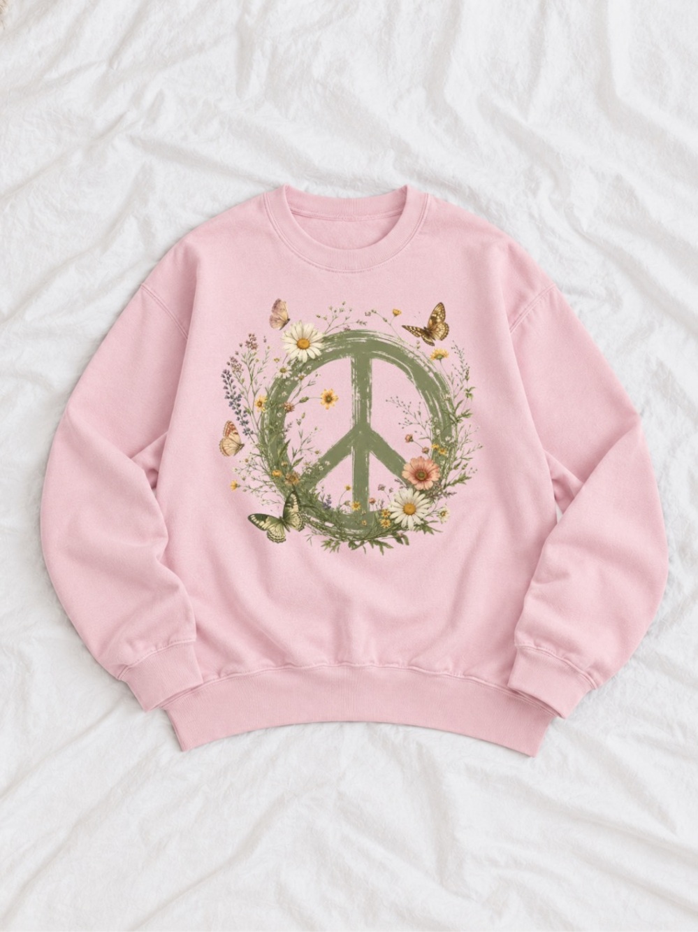 Light Pink Sweatshirt with Green Floral Peace Graphic
